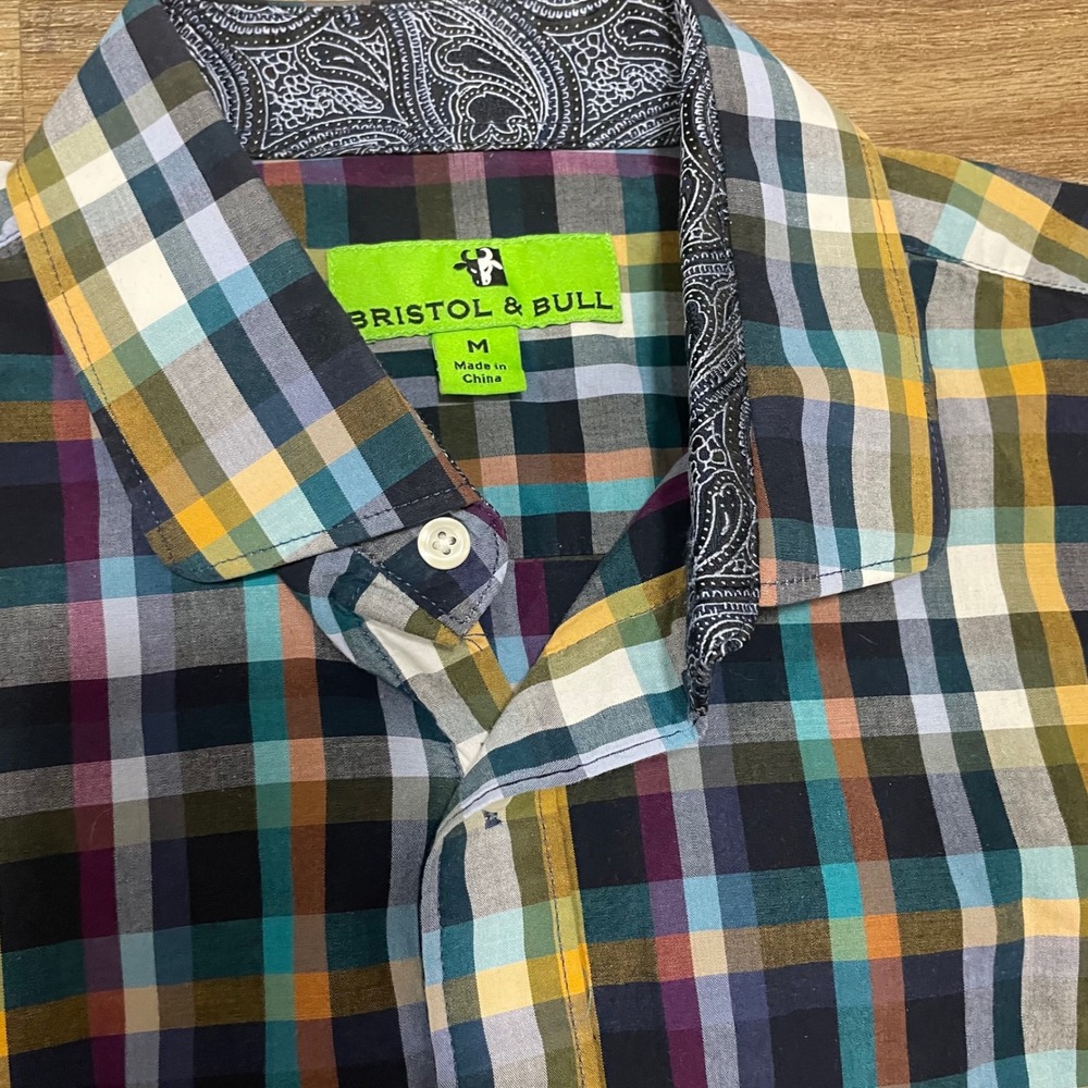 Bristol & Bull Mens Medium Plaid Button Down Shirt Paisley Trim‎ Cotton